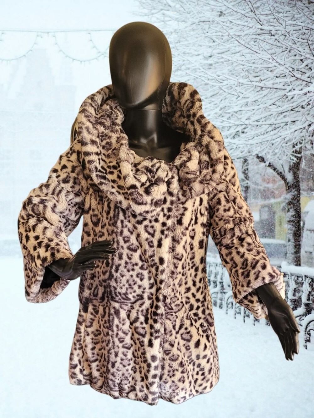 Faux Fur Snow Leopard Print Coat in Taupe - Women's Jacket